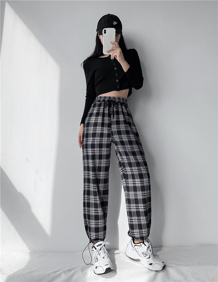 Plaid Pants Women High Waist Drawstring Loose Straight Baggy Pants 2022 Spring and Summer