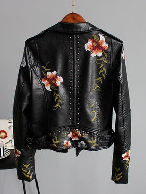 Floral Print Embroidery Faux Soft Leather Jacket Women Pu Motorcycle Coat