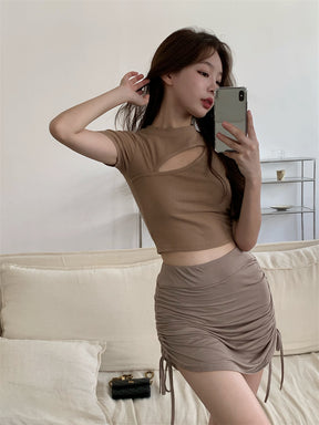 T Shirt Women Summer Hollow Crewneck Cropped Tops Irregular Tight Fitting Short Sleeve