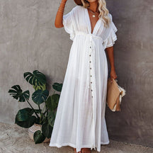 Summer Beach Maxi Dress Women Boho Long Bikini Cover Up High Waist Casual V-Neck Dresses