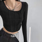 Fishbone Pattern Women's Long Sleeve T-shirt High Waist Slim Square Collar Tops Woman