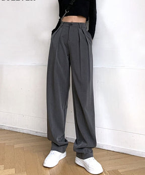 Long Suit Pants High Waist Button Women Wide Leg Trousers