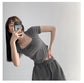 Gebogene Crop Tops Damen Sommer Quadratischer Kragen Kurzarm T-Shirt Mode Schlanke Frau