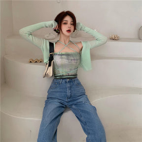 Summer Cardigan Two Piece Sets Women Fashion Slim Green Tie-dye Tops+See Through Thin Knitted