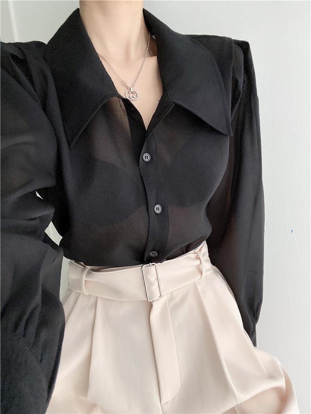 See Through Button Down Shirts Women New Loose Long Sleeve Blouse Female 2022 Summer Suncreen Tops