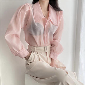 See Through Button Down Shirts Women New Loose Long Sleeve Blouse Female 2022 Summer Suncreen Tops