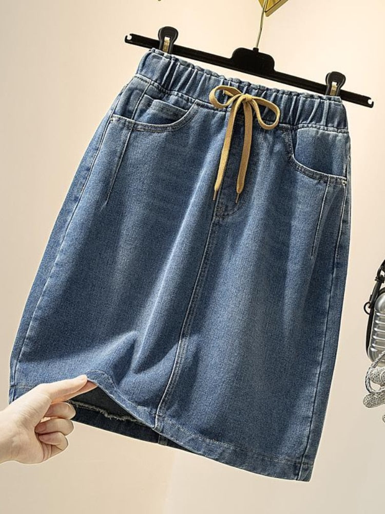 Frühlings-Sommer-Denim-Röcke-Frauen-Mode-elastische Taillen-Schnürjeans