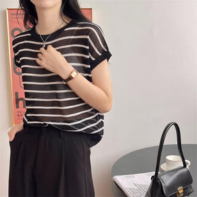 Hollow T-shirt Chain Women Summer New Solid Color Short Sleeve Knitted Tops Female 2022