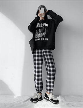 Plaid Pants Women High Waist Drawstring Loose Straight Baggy Pants 2022 Spring and Summer