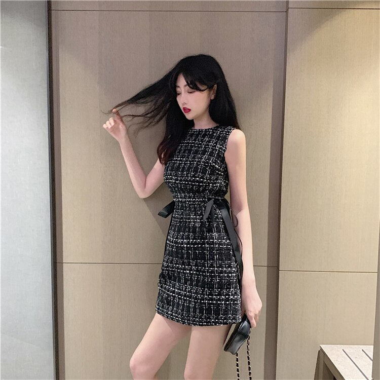 Women Tweed Dress Sleeveless Lace-up Bow O-Neck Plaid Classic Short Dress