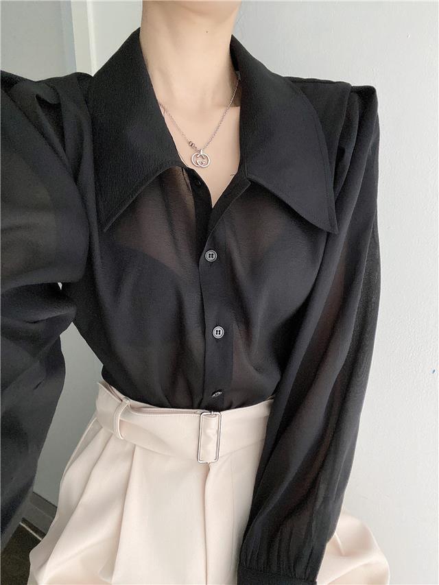 See Through Button Down Shirts Women New Loose Long Sleeve Blouse Female 2022 Summer Suncreen Tops