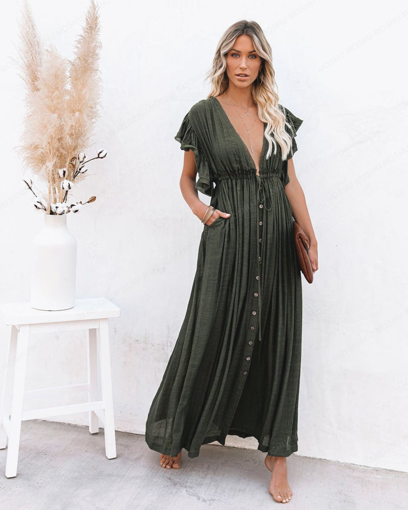 Summer Beach Maxi Dress Women Boho Long Bikini Cover Up High Waist Casual V-Neck Dresses