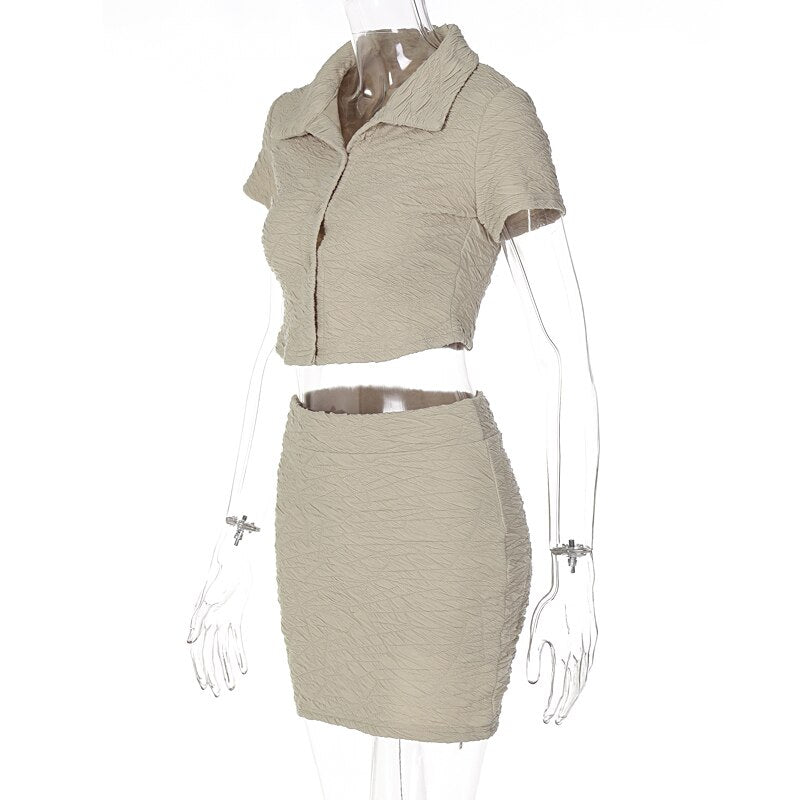 2 Piece Set Short Sleeve Crop Top Shirts Blouse Mini Skirt Suit