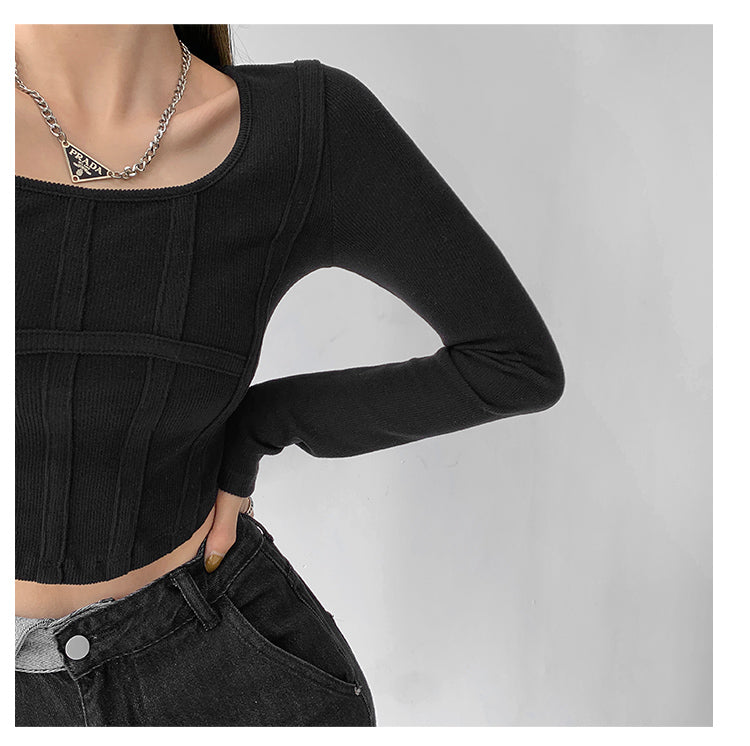 Fishbone Pattern Women's Long Sleeve T-shirt High Waist Slim Square Collar Tops Woman
