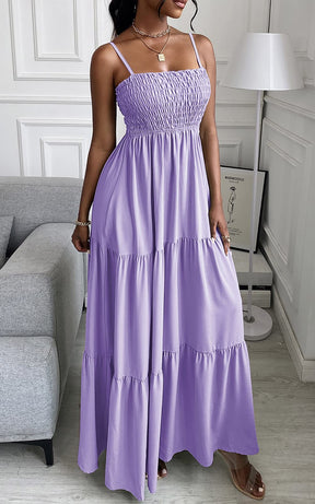 Spaghettiträger Maxikleid Damen Sommer ärmellos gesmokt Boho Long Beach Kleid Sommerkleider