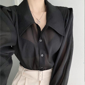 See Through Button Down Shirts Women New Loose Long Sleeve Blouse Female 2022 Summer Suncreen Tops