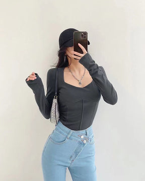 High Waist Cropped Tops Women Fashion Square Neck Long Sleeve T-Shirt Slim Basic Y2K Tees