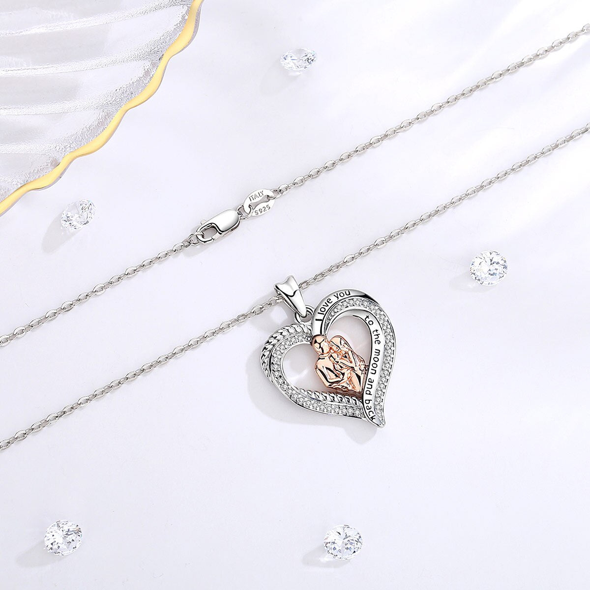 Rose Gold Family Necklace Paved-Crystal Heart Pendant Fine Women Jewelry for Mother's Day Gift