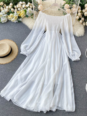 Holiday Puff Sleeve Slash Neck Off Shoulder Smocked White Chiffon Dresses