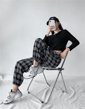 Plaid Pants Women High Waist Drawstring Loose Straight Baggy Pants 2022 Spring and Summer