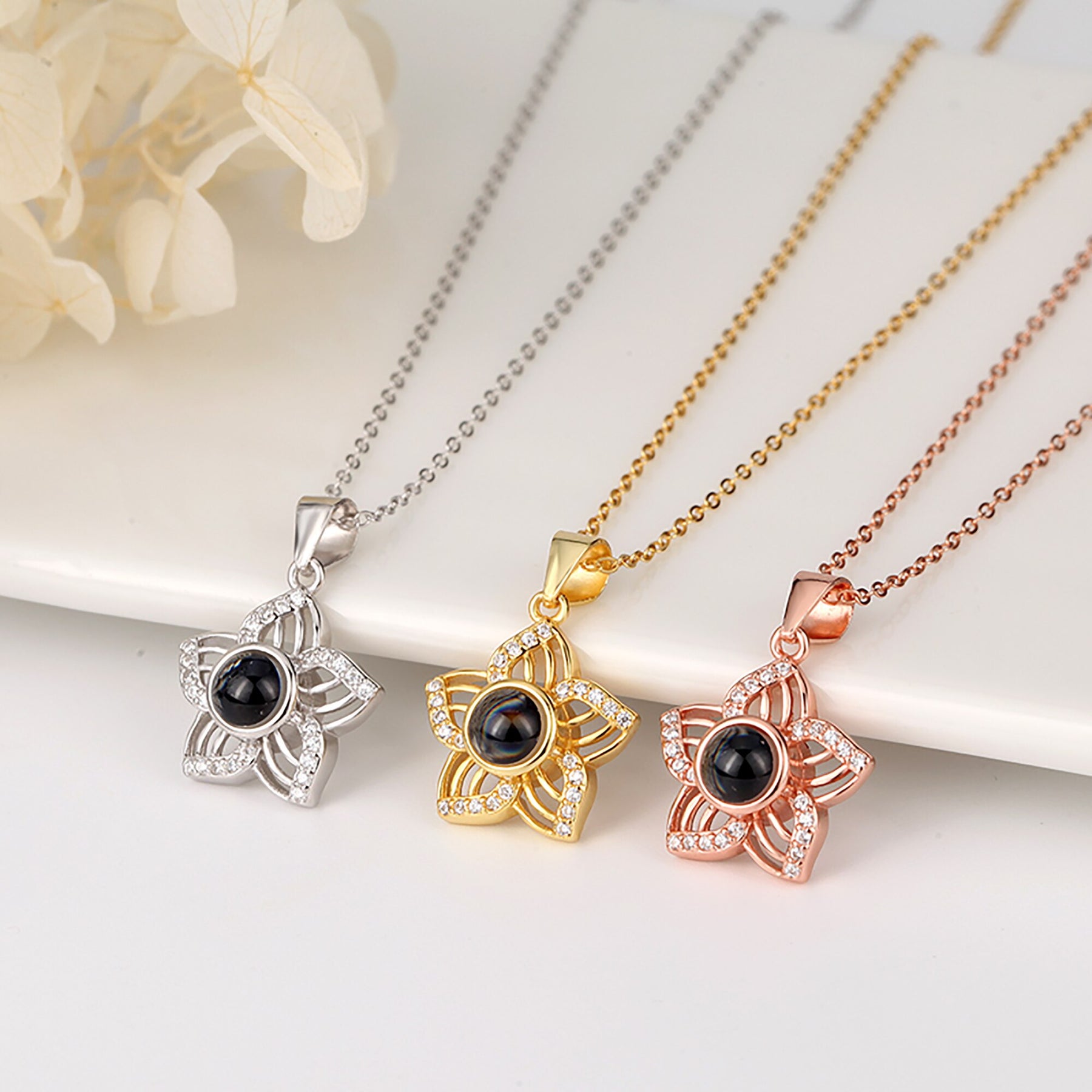 Customized Crystal Flower Photo Projection Pendant Necklace Personalized