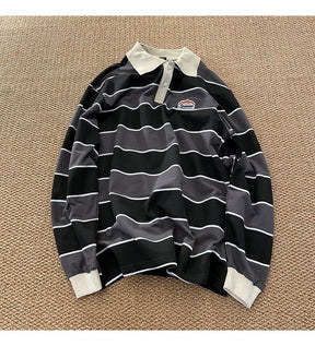 Striped POLO Shirt Men Women Casual Loose Couple BF Lapel Sweatshirts