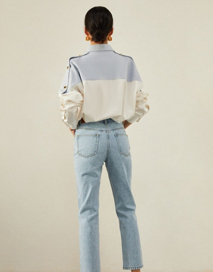 Patchwork Lapel Women Shirts Long Sleeve Single-breasted Loose Female Blouses