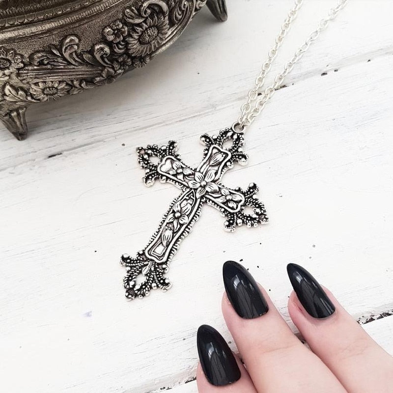 Large Detailed Cross Drill Pendant Necklace Silver Color Tone Gothic Punk Jewellery