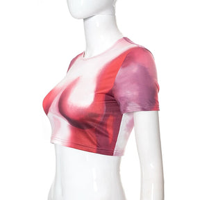 Tie Dye Print O-Ausschnitt Kurzarm Crop Top T-Shirt Sexy Slim Cyber