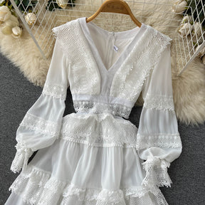 Lace Hollow Out White Dress Women Elegant V-neck Beach Holiday Style Dress