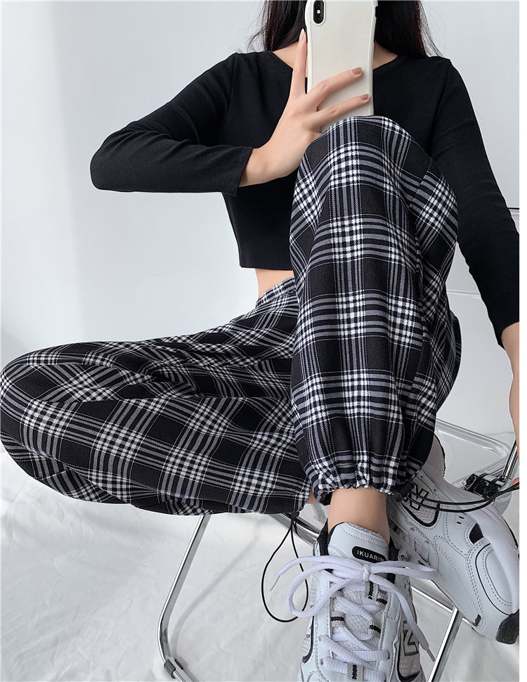 Plaid Pants Women High Waist Drawstring Loose Straight Baggy Pants 2022 Spring and Summer