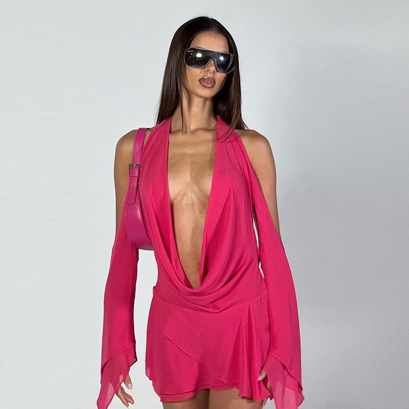 Halter Long Sleeves Irregular Draped Mini Dress