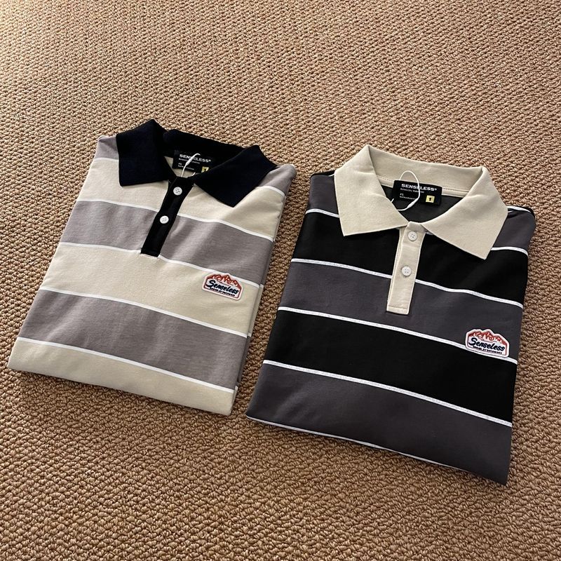 Striped POLO Shirt Men Women Casual Loose Couple BF Lapel Sweatshirts