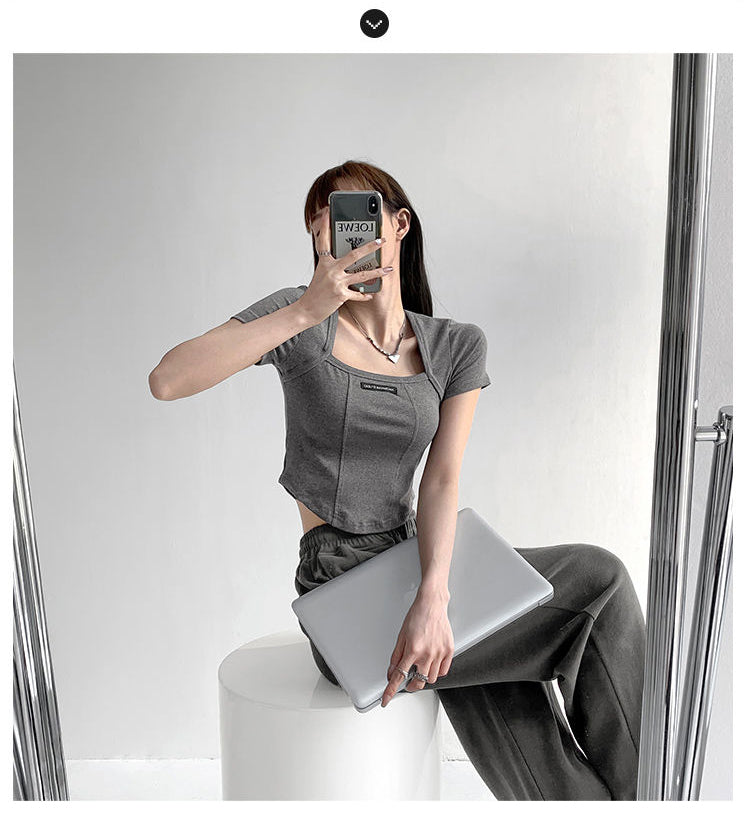 Gebogene Crop Tops Damen Sommer Quadratischer Kragen Kurzarm T-Shirt Mode Schlanke Frau
