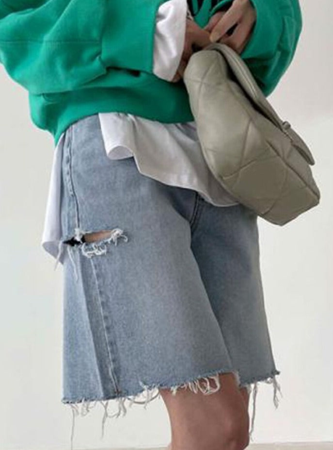 Spring Summer Loose Ripped Holes Ladies Wide Leg Jeans Shorts