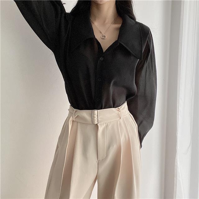 See Through Button Down Shirts Women New Loose Long Sleeve Blouse Female 2022 Summer Suncreen Tops