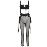 See Through Mesh Crop Top and Trousers Two Piece Set Casual Streetwear 2022