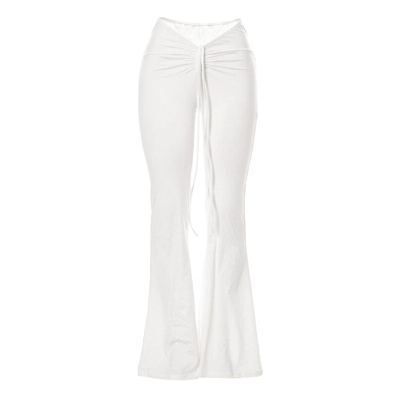 Women Slim Flare Pants Low Waist Drawstring Ruched Wide Leg White Trousers Joggers Sweatpants