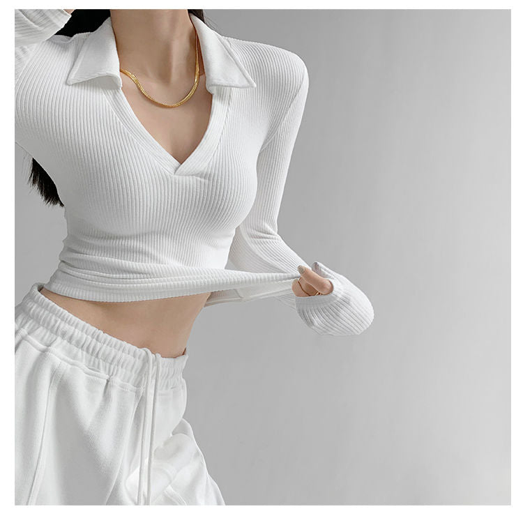Maglietta da donna sexy con scollo a V Slim Fitness Polo a maniche lunghe da donna Top corto a vita alta