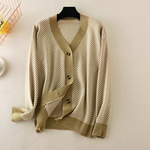 V-neck Striped Cardigans Sweaters Long Sleeve Loose Knitted Open Stitch Outwear