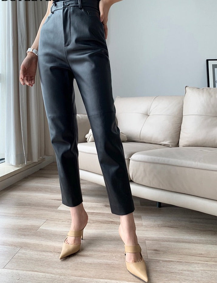 Loose Pockets Women PU Leather Trousers High Waist Single Button Ladies Straight Pants