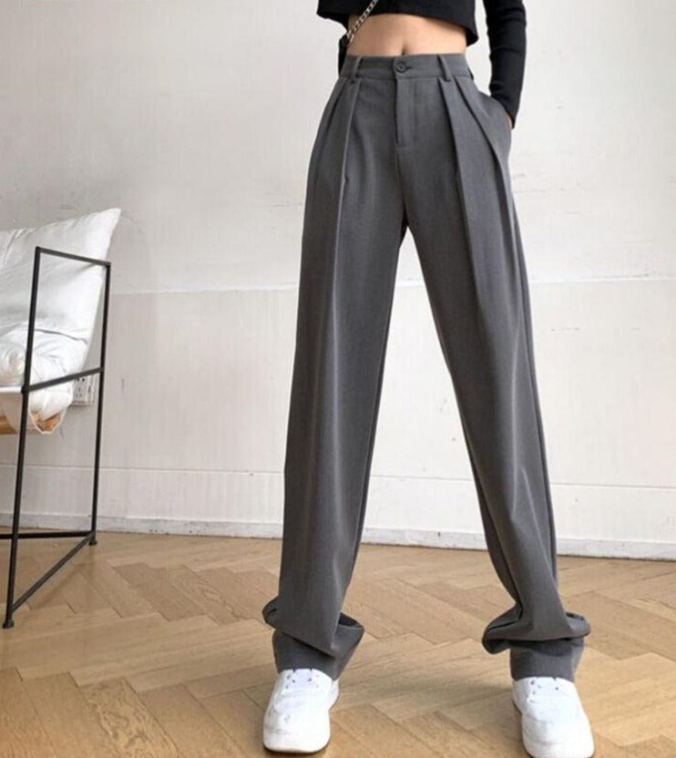 Long Suit Pants High Waist Button Women Wide Leg Trousers