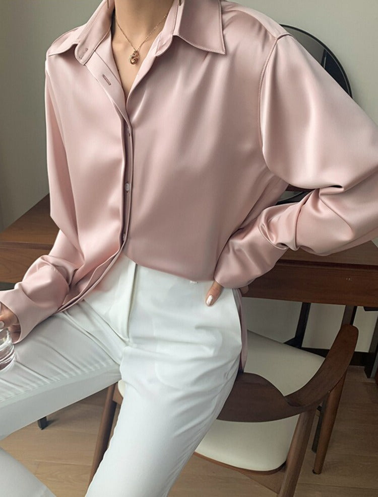 Loose Single-breasted Female Satin Shirts Tops Spring Summer Blusas