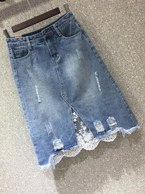 Spring Women Denim Skirts Casual Lace Irregular A-line Skirts