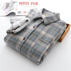 Velvet Thicken Plaid Shirts Blouses Autumn Winter Warm Shirts