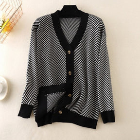 V-neck Striped Cardigans Sweaters Long Sleeve Loose Knitted Open Stitch Outwear