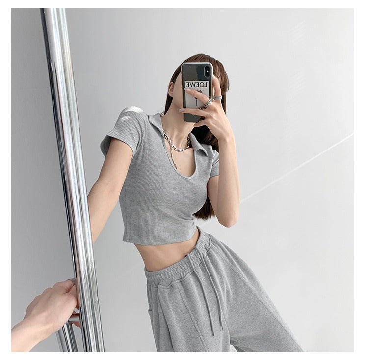 Y2K Tops Women U-shaped Lapel Short Sleeve Tees Summer High Waist Thread Crop Top