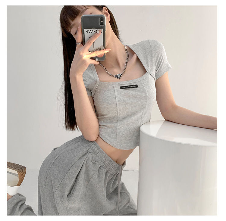 Gebogene Crop Tops Damen Sommer Quadratischer Kragen Kurzarm T-Shirt Mode Schlanke Frau