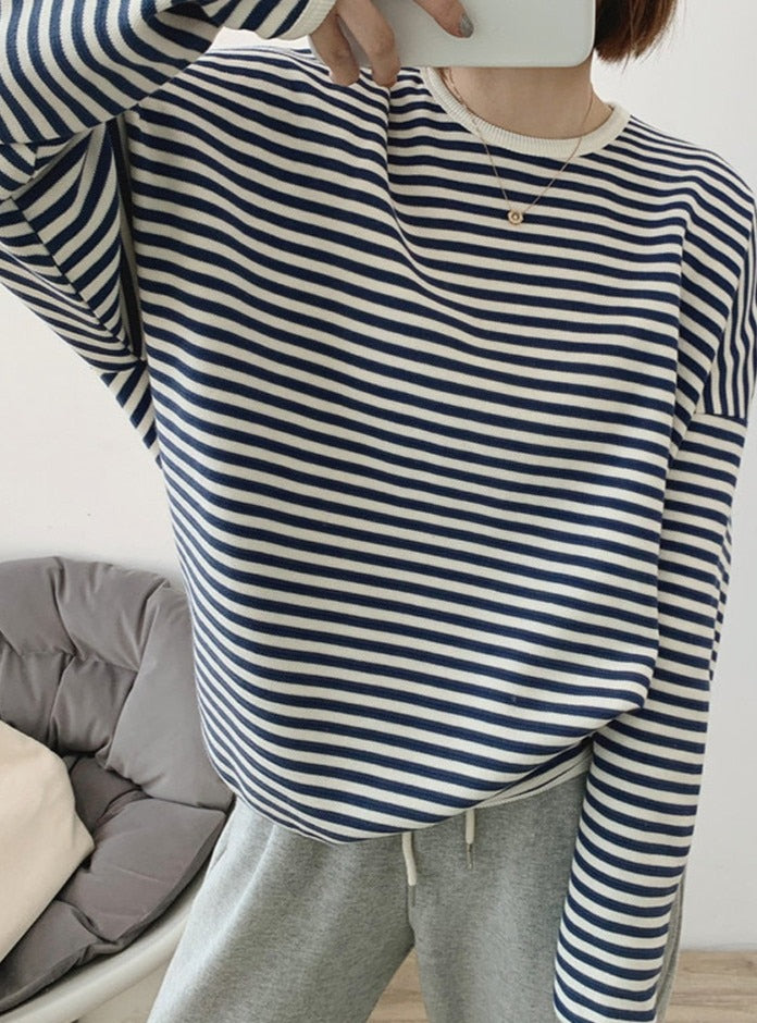 Striped Pullovers Women Knitted Cotton Sweatshirts Female Long-sleeved Loose Tops