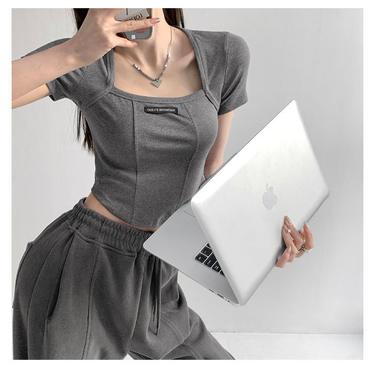 Gebogene Crop Tops Damen Sommer Quadratischer Kragen Kurzarm T-Shirt Mode Schlanke Frau